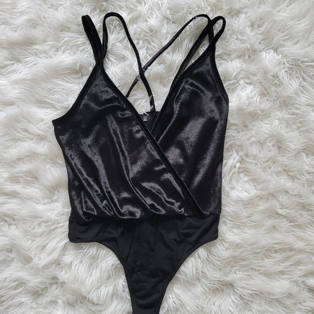 Missguided Black Wrap-Front Velvet Bodysuit